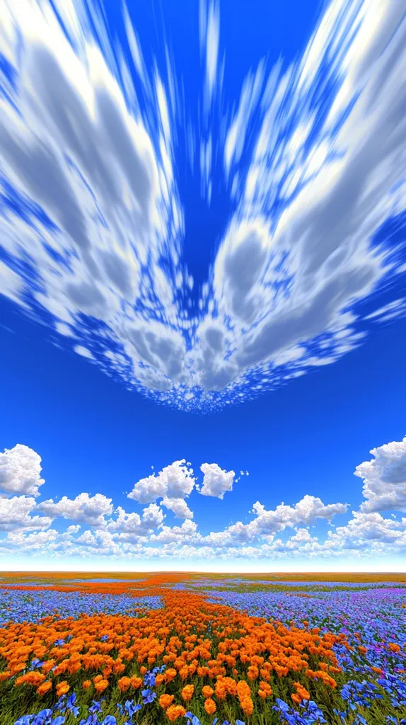 A vibrant field of orange and blue flowers stretches to the horizon under a dramatic sky.  The clouds are dynamic and streaked, creating a sense of movement and energy.  The bright blue of the sky contrasts beautifully with the warm hues of the blossoms, creating a stunning natural vista.  The overall image is peaceful yet powerful, suggesting boundless beauty and serenity.
