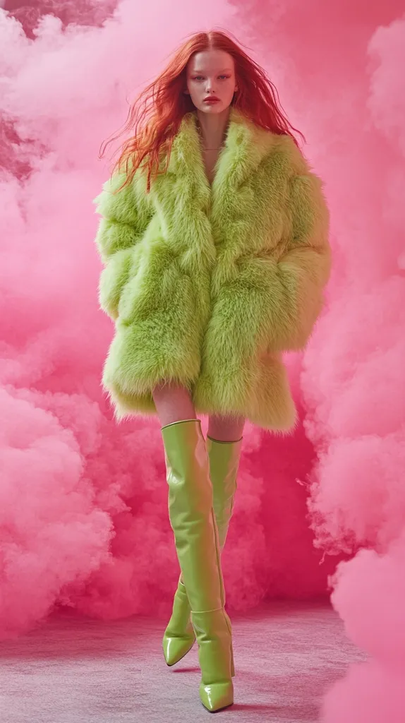A model with vibrant red hair stands against a backdrop of pink smoke. She is wearing a bright lime green faux fur coat and matching thigh-high boots.  The coat is oversized and fluffy, creating a striking contrast against the pink background. The overall aesthetic is bold and playful, showcasing a vibrant and fashionable look.
