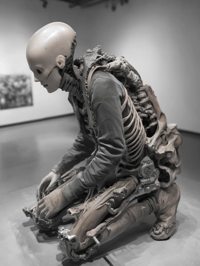A grayscale sculpture depicts a humanoid figure in a kneeling position.  Its form is partly organic, partly mechanical, revealing exposed ribcage and intricate, decaying robotic components fused with flesh-like material. The head is smooth and bald, suggesting a blend of human and machine. The overall aesthetic is one of decay and biomechanical fusion, possibly exploring themes of transhumanism or the merging of technology and humanity.