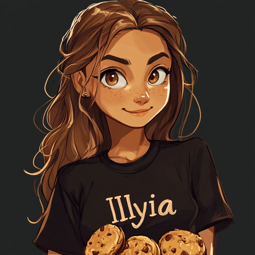 A stylized illustration of a young woman with long brown hair and freckles. She's wearing a black t-shirt with the name "Illya" printed on it.  She holds a plate of chocolate chip cookies, smiling warmly. The art style is reminiscent of digital painting, with soft shading and bright, expressive eyes.  The background is a dark gray.