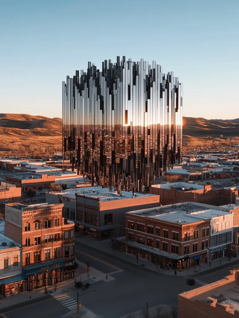 A surreal, digitally-altered image depicts a futuristic, cube-shaped skyscraper hovering above a quaint, sun-drenched town. The building's mirrored facade reflects the town and sunset, creating a striking contrast between old and new.  The town's brick buildings and quiet streets are bathed in the warm light of the setting sun, emphasizing the juxtaposition with the imposing, modern structure. The scene evokes a sense of wonder and unexpected integration.