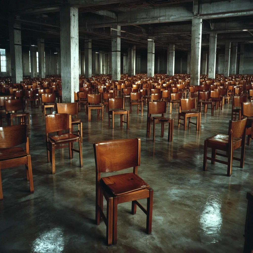 A vast, empty industrial space is filled with rows of simple wooden chairs.  The high ceiling is supported by concrete pillars, creating a stark, echoing atmosphere.  A single chair sits in the foreground, isolated and emphasizing the emptiness of the room.  The polished concrete floor reflects the dim light, adding to the somber mood. The overall scene evokes a sense of loneliness and scale.