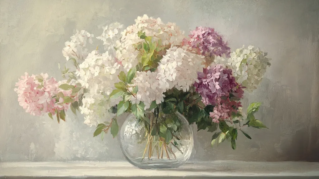 A still life painting showcases a lush bouquet of hydrangeas in varying shades of pink, purple, and white.  The flowers, brimming with delicate blooms and lush green foliage, are artfully arranged in a clear glass vase. The soft, muted background enhances the vibrant hues of the blossoms, creating a serene and elegant composition. The painting style is impressionistic, with visible brushstrokes adding texture and depth.