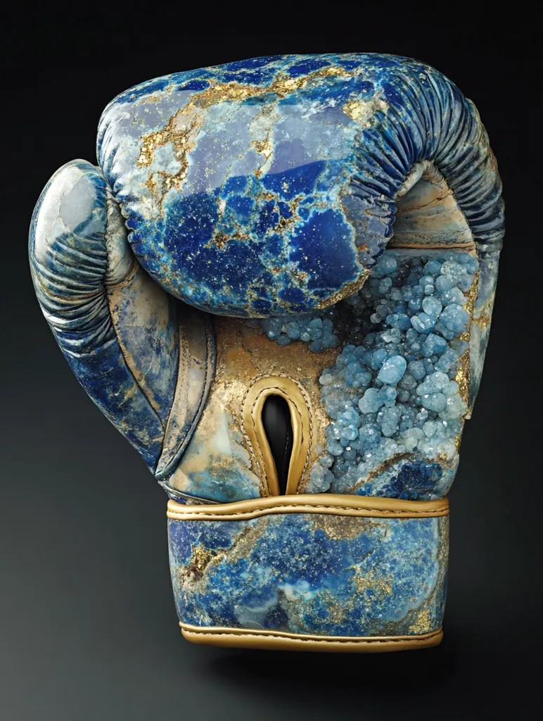 A boxing glove, meticulously crafted and adorned with lapis lazuli and other precious stones, is presented against a dark backdrop. The glove's surface displays a mesmerizing blend of deep blues, golds, and sparkling crystals, creating a luxurious and artistic piece. The intricate detailing and gemstone embellishments highlight the craftsmanship and opulence of this unique object.