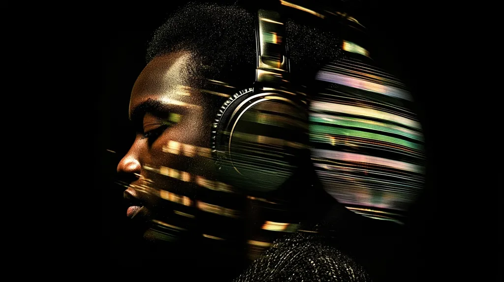 A stylized portrait of a young Black man in profile, wearing over-ear headphones.  His face is partially obscured by a vibrant, multicolored motion blur effect suggesting speed, energy, and the flow of digital information. The dark background contrasts sharply with the bright streaks of light and the man's skin tone, creating a dramatic and visually striking image.