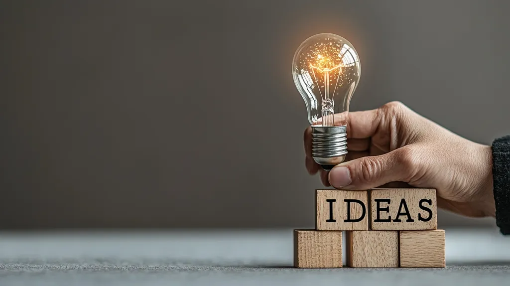 A hand gently places a glowing lightbulb atop wooden blocks spelling "IDEAS."  The image symbolizes the generation of innovative ideas and creative thinking. The warm light from the bulb contrasts with the neutral background, highlighting the significance of the concept. The scene evokes feelings of inspiration and problem-solving.