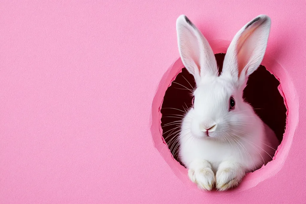A fluffy white rabbit with long ears peeks through a circular hole in a vibrant pink background.  Its pink eyes and nose are visible, and its paws rest neatly on the edges of the hole. The image is simple yet charming, ideal for a greeting card or other celebratory material. The contrasting colors of the rabbit and the background make it visually appealing.