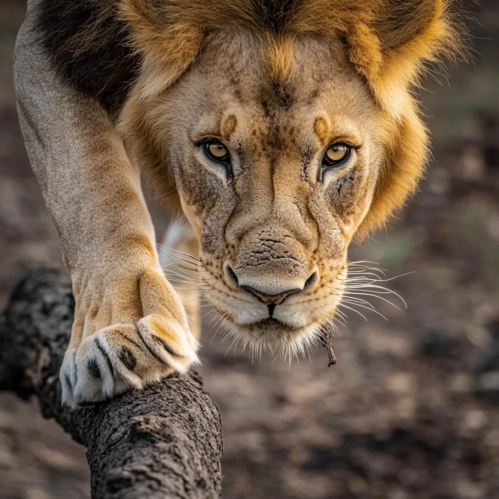 A young male lion, its mane still developing, is captured in a close-up shot.  The lion's intense gaze is directed straight at the viewer, its powerful paws gripping a fallen log. The background is blurred, emphasizing the lion's focused presence.  The image's depth of field highlights the texture of the lion's fur and the log's bark.  The overall mood is one of powerful stillness and predatory focus.