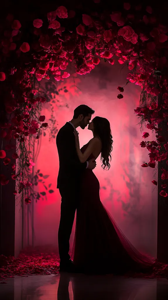 A silhouetted couple embraces under a dramatic archway of crimson flowers.  The woman wears a flowing red gown, and the man is in a dark suit.  A hazy, red-toned background creates a romantic and intense atmosphere.  Petals scatter the ground, enhancing the passionate scene. The image evokes feelings of love and intimacy.