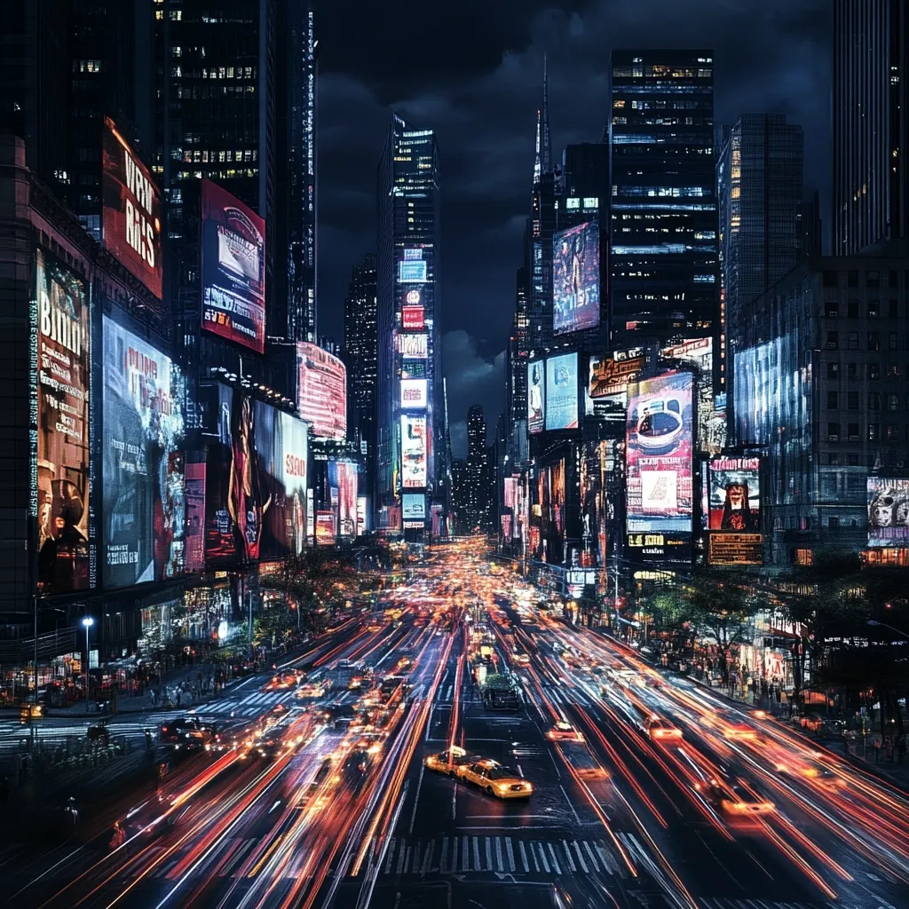 A vibrant nighttime view of Times Square in New York City.  Towering skyscrapers are adorned with dazzling billboards, creating a kaleidoscope of light.  The street below is a river of speeding cars, their light trails forming streaks of vibrant color. The scene captures the energy and intensity of this iconic location.