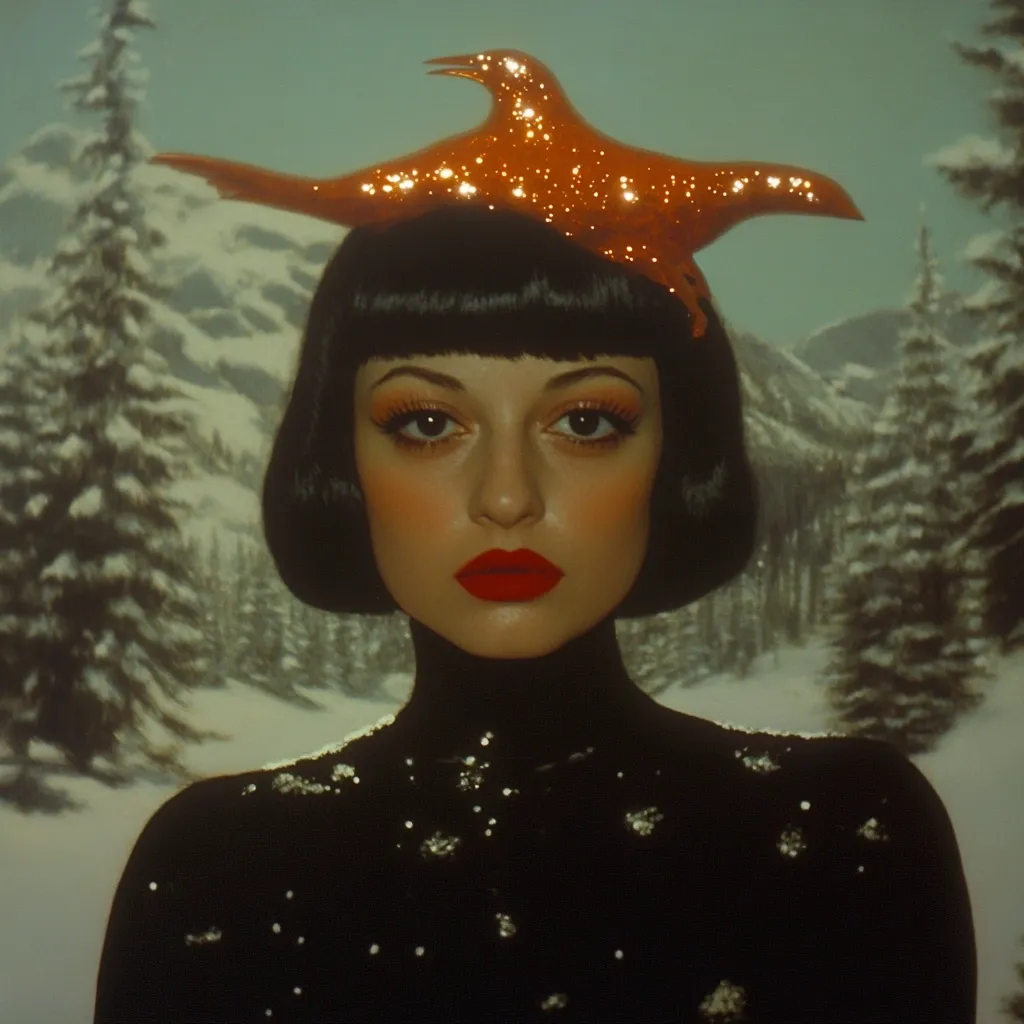 A woman with a bob haircut and bold makeup wears a sparkling orange bird as a headpiece.  She is dressed in a dark, sparkly turtleneck sweater.  The background is a stylized winter scene with snow-covered evergreen trees and a mountainous landscape, creating a surreal and slightly vintage aesthetic.  The overall tone is moody and dramatic.