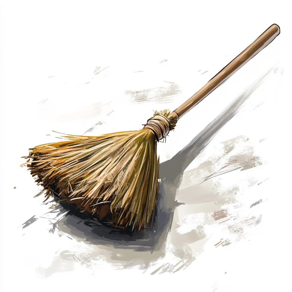 A rustic broom, crafted from dried straw bound to a simple wooden handle, rests on a light-colored surface. Its shadow stretches slightly to the right, suggesting a gentle light source.  The broom's texture is rough and uneven, showcasing its handcrafted nature. The overall style is painterly, with visible brushstrokes contributing to a slightly abstract effect.
