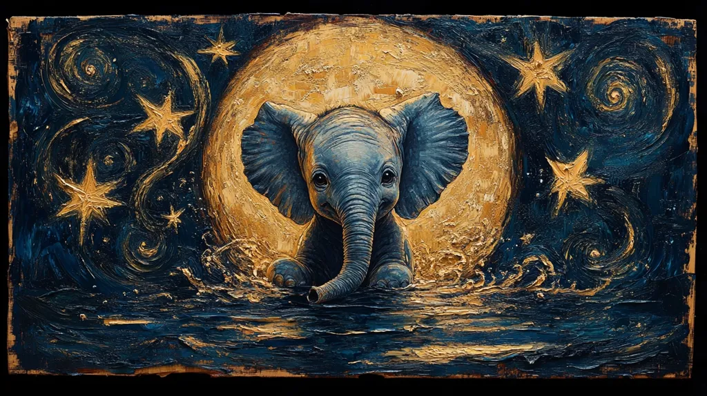 A painting depicts a baby elephant sitting in water under a large, golden moon.  The style is reminiscent of Van Gogh, with swirling blues and golds representing the night sky filled with stars. The elephant is rendered with a textured, impasto technique, giving it a three-dimensional quality. The overall mood is serene and magical.
