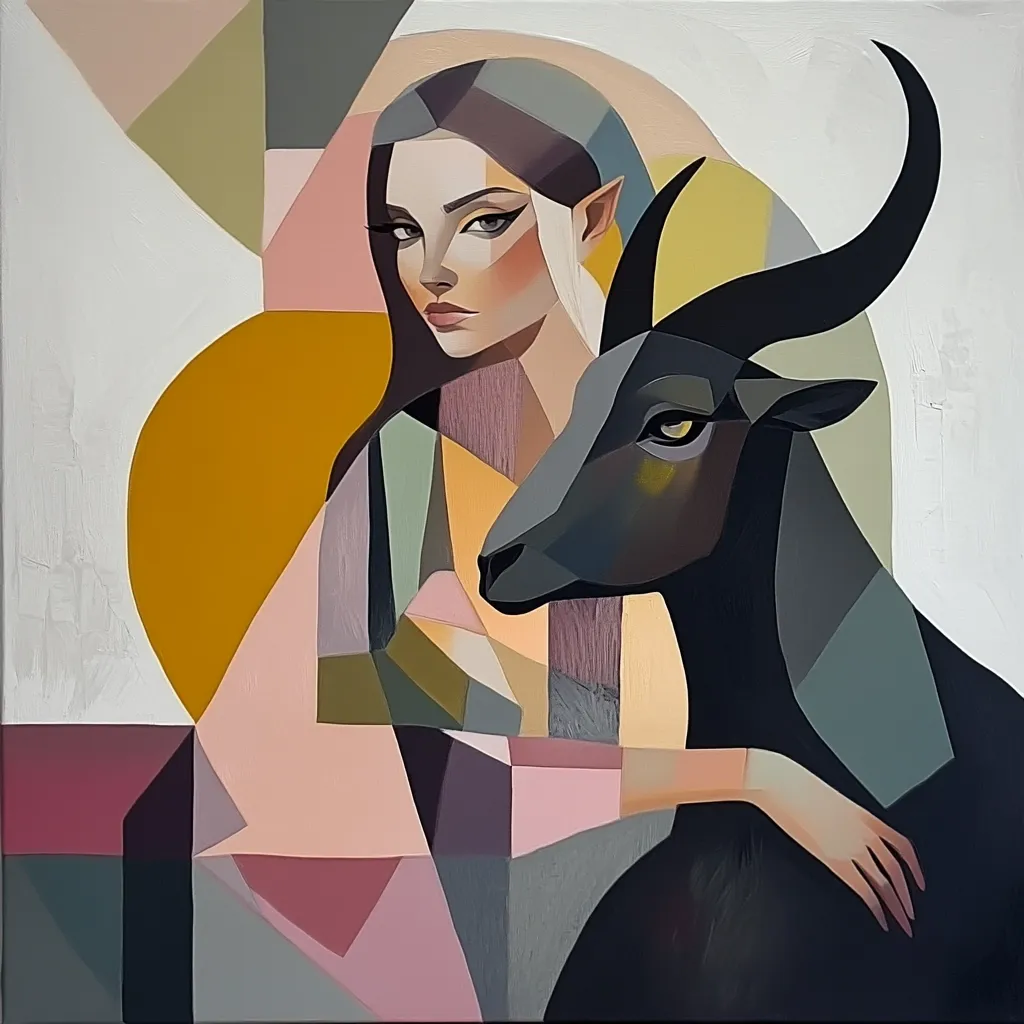A stylized portrait in geometric shapes depicts a woman with elf-like ears and a dark-colored goat. The woman's expression is serious, her arm gently resting on the goat's back. The artwork uses muted earth tones and geometric shapes to create a unique, almost cubist effect. The background includes various shapes and colors, giving the piece depth and complexity. The overall mood is serene yet intriguing.