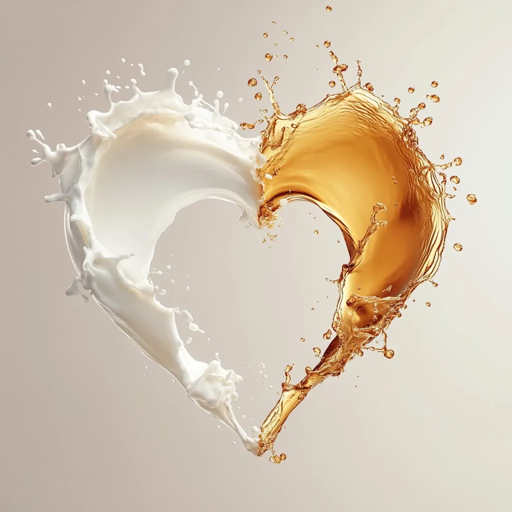 A captivating image showcases two liquid splashes forming a heart shape.  One splash is creamy white, possibly milk, while the other is a rich, amber color, suggesting coffee or tea.  The liquids intertwine, creating a dynamic and visually appealing contrast against a muted beige background. The splashes are detailed and vibrant, capturing the movement and fluidity of the liquids.