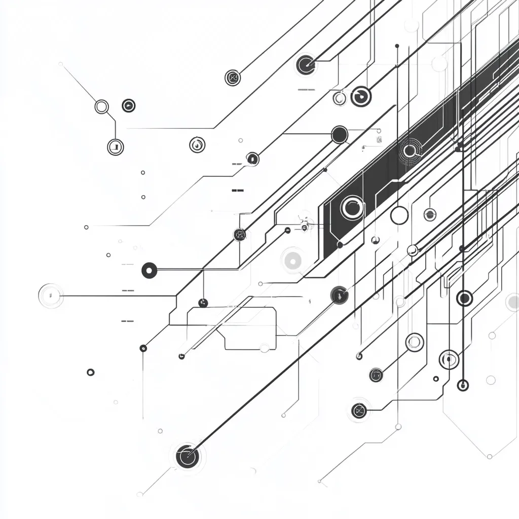 The image is an abstract technological illustration.  It features a complex network of interconnected lines, circles, and other geometric shapes, suggesting circuitry or a digital system.  The design is predominantly black and white, with varying line weights and shades of gray creating depth and visual interest.  The overall composition is dynamic and angled, implying movement and connectivity.