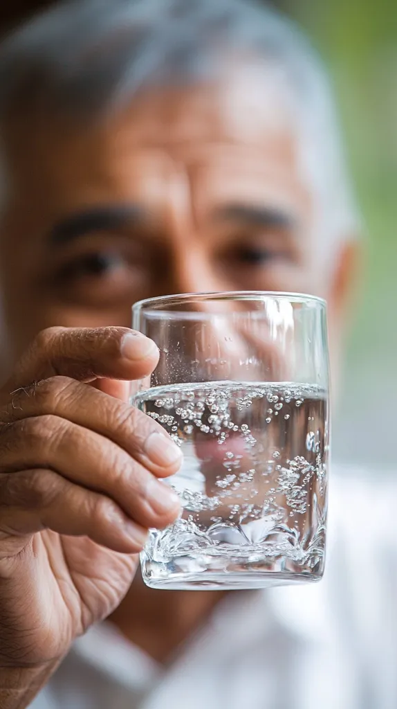 An older man with graying hair holds a glass of sparkling water.  His face is slightly out of focus, emphasizing the glass in his hand.  The water is clear and contains numerous small bubbles. The overall impression is one of refreshment and hydration.