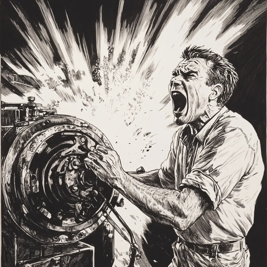A dramatic black and white illustration depicts a man intensely working on a complex machine.  His face is contorted in a yell, as an explosion or burst of energy erupts behind him. The detailed inkwork showcases the intricate machinery and the man's strained effort, creating a sense of urgency and danger.  His powerful physique suggests a struggle with the powerful forces at play.
