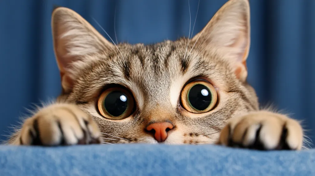 A curious tabby cat with wide, expressive eyes peeks over a blue surface.  Its paws are resting on the edge, and its gaze is directly at the viewer, creating a playful and engaging image. The cat's fur is a blend of brown and gray, and its large eyes are the focal point of the photograph.