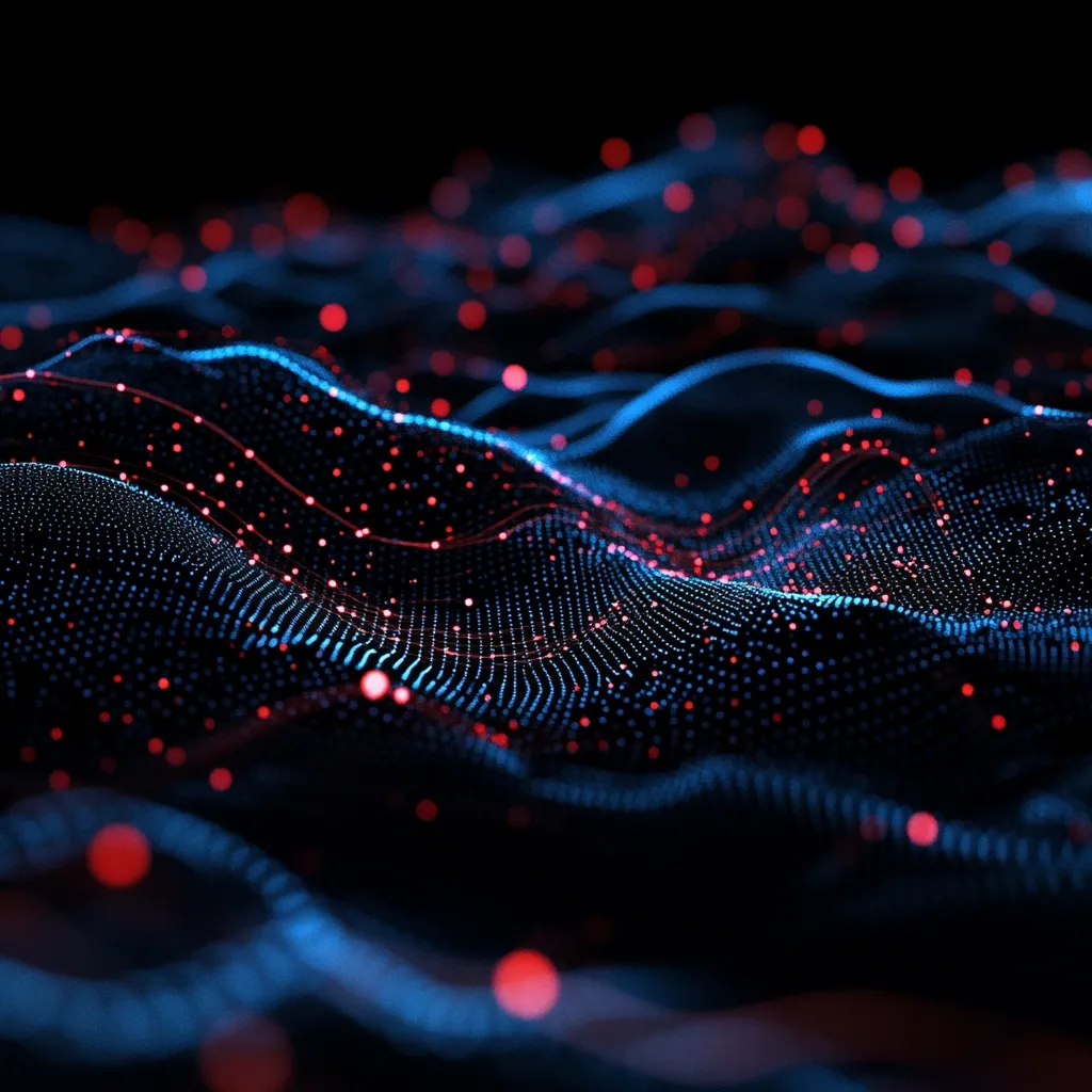 An abstract digital rendering depicts a dark, undulating landscape composed of countless glowing particles.  Predominantly blue, the particles form rolling hills and valleys, punctuated by sporadic red highlights. The effect is one of flowing data or energy, creating a visually stunning and futuristic atmosphere.  The dark background enhances the luminescence of the points, adding depth and mystery.