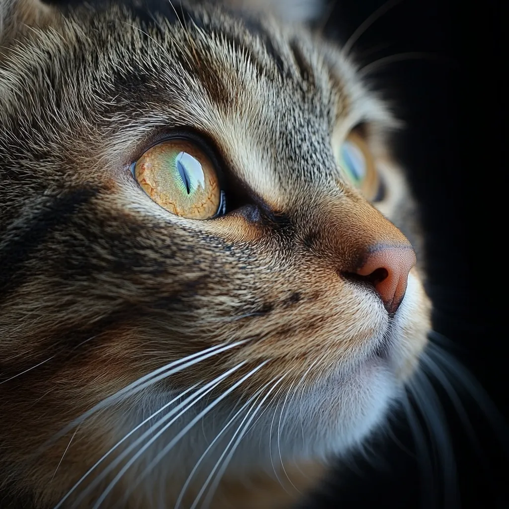 A close-up profile of a tabby cat's face.  Its fur is a mix of brown, black, and tan, and its eyes are a striking golden-green.  The cat's whiskers are prominent, and its gaze is directed upward and to the side, creating a contemplative mood. The background is dark, emphasizing the cat's features.  The image showcases the texture and detail of the cat's fur and skin.