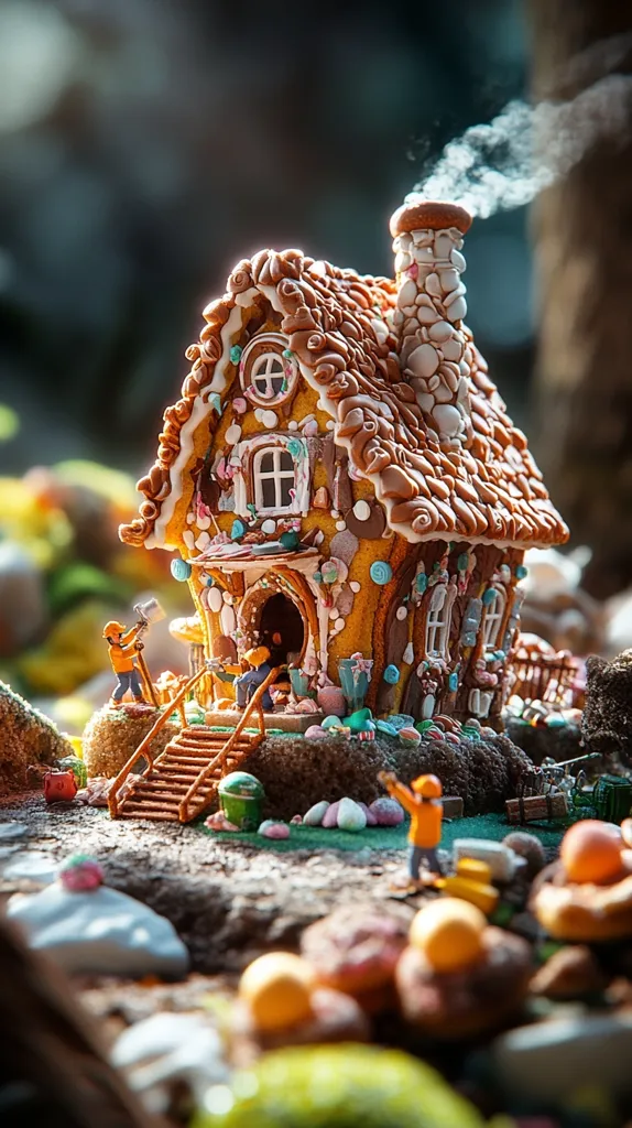 A whimsical gingerbread house, intricately decorated with candy and frosting, sits on a miniature landscape.  Tiny figurines of construction workers are shown working around the house, adding to the charming scene. Smoke playfully curls from its chimney, creating a cozy and festive atmosphere. The surrounding area is filled with colorful sweets and treats, adding to the overall sweetness of the image.