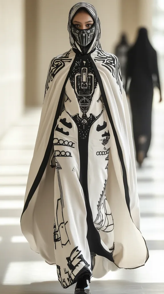 A model strides down a runway, showcasing a striking avant-garde ensemble.  The outfit consists of a long, flowing off-white cape adorned with black graphic prints, paired with a matching floor-length dress.  A black face mask, echoing the outfit's design, completes the futuristic, and somewhat dystopian look. The overall effect is one of sleek elegance combined with a bold, artistic statement.