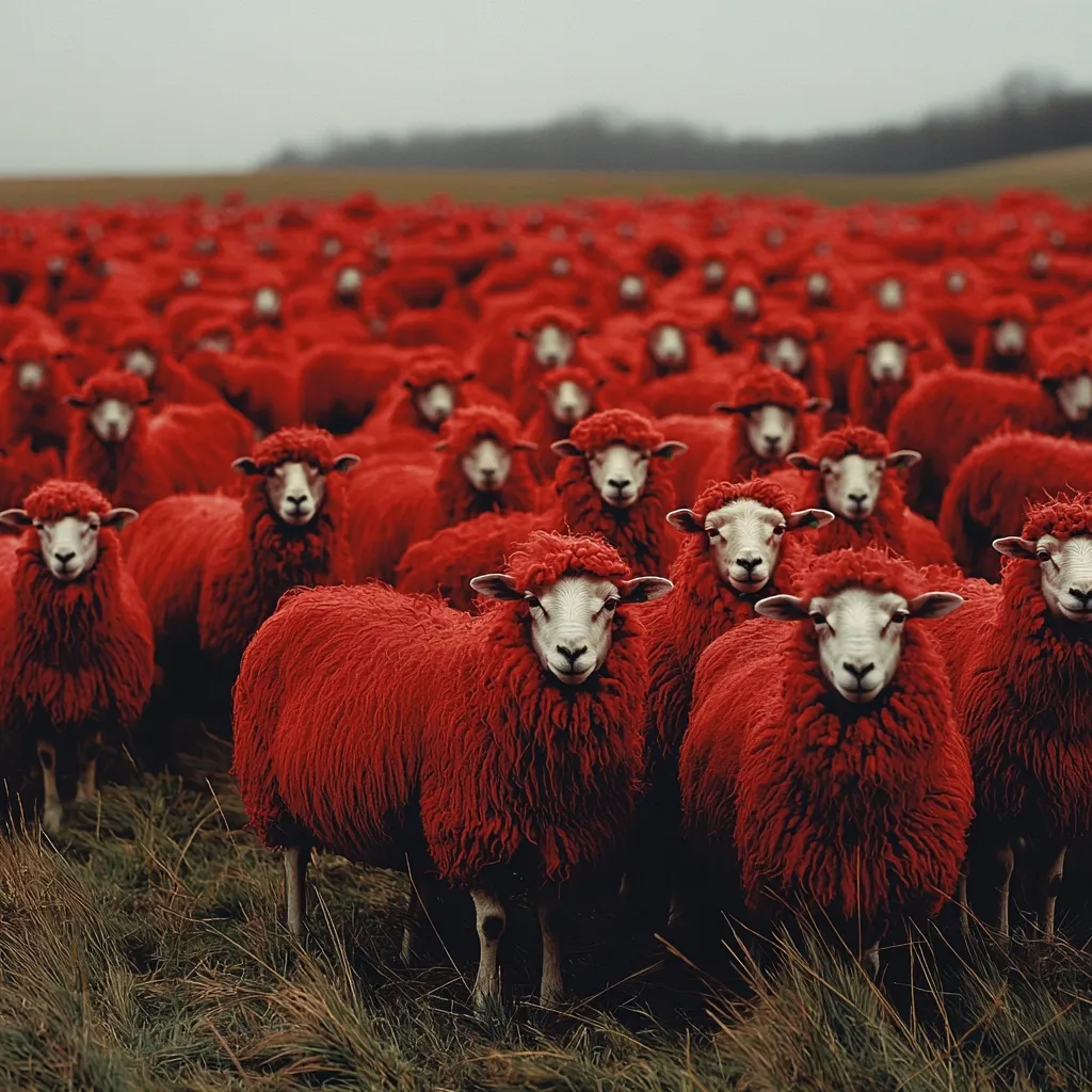 A vast flock of sheep, dyed a vibrant crimson, fills a verdant field.  The sheep are densely packed, creating a sea of red.  Their white faces stand out against the bright wool, and a few sheep in the foreground are sharply focused, contrasting with the blurred background. The scene is striking and surreal, suggesting a commentary on conformity or individuality.