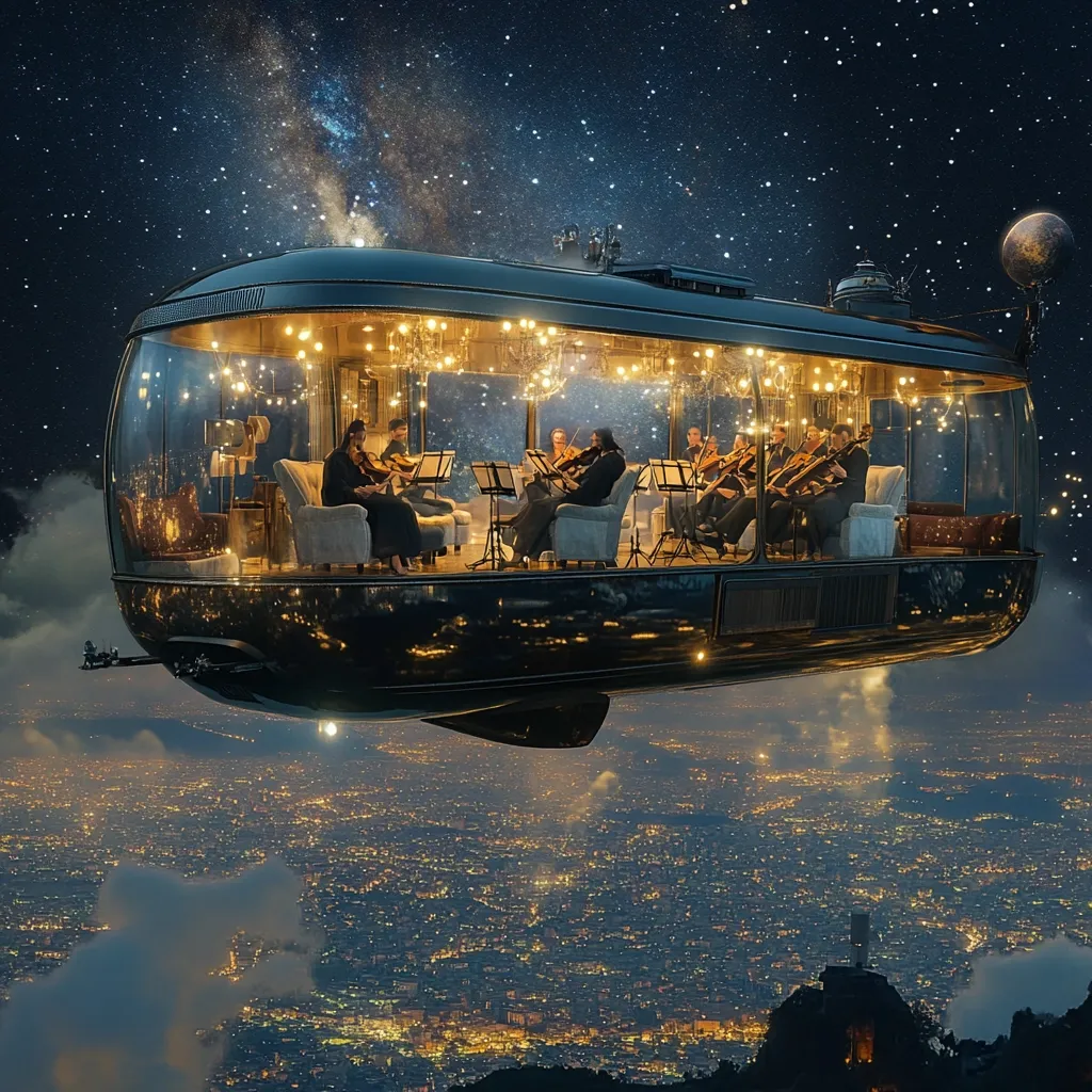 A string orchestra performs inside a luxurious, glass-enclosed airship floating above a sprawling, glittering city at night.  The vessel is illuminated warmly, contrasting with the dark expanse of space and starry sky visible beyond. The scene is surreal and dreamlike, blending elements of fantasy and elegance.  Clouds drift below the airship, adding to the ethereal atmosphere.