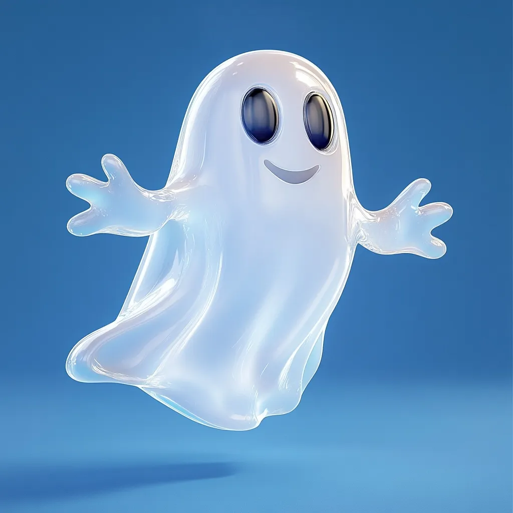 A friendly cartoon ghost floats against a blue background.  Its translucent, glossy body is shaped like a classic sheet ghost, with simple, expressive eyes and a smiling mouth.  The ghost has small, stubby arms outstretched in a welcoming gesture, giving it a playful and approachable appearance.  The overall style is cute and not scary, perfect for Halloween decorations or children's media.