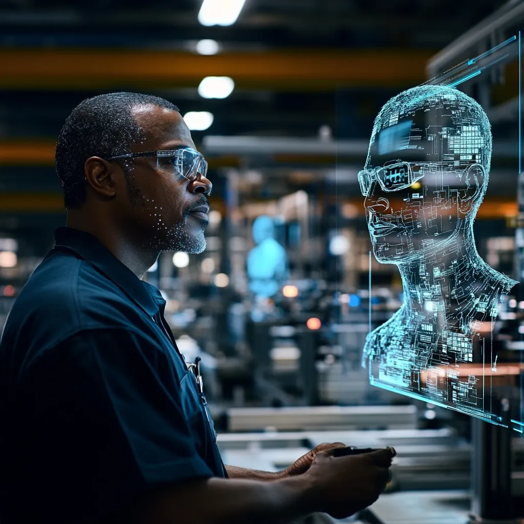 A Black male factory worker, wearing safety glasses, interacts with a holographic projection of a human head. The projection is a wireframe of a person, seemingly a digital representation of a human.  The scene is set in a modern factory environment, suggesting the integration of advanced technology in industrial settings. The image conveys a futuristic concept of human-computer interaction within a manufacturing context.