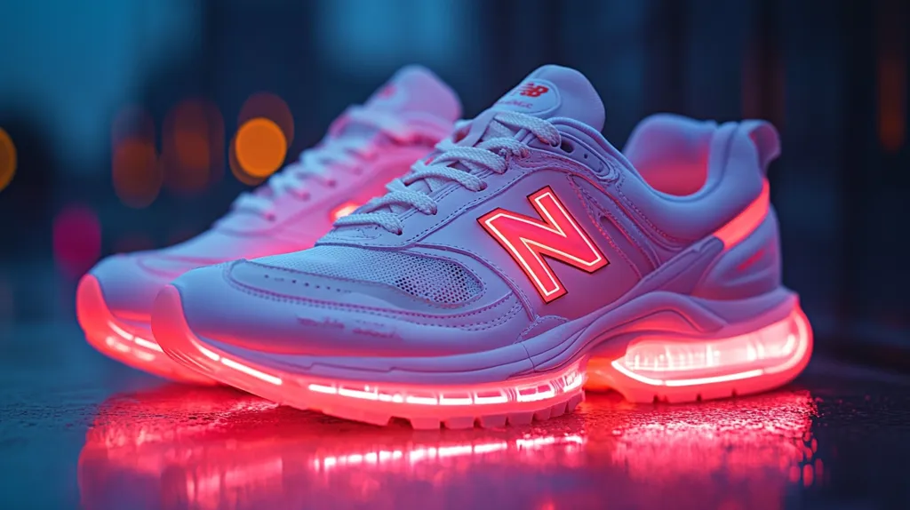 A pair of white New Balance 550 sneakers with vibrant pink LED lights illuminating the soles are showcased. The shoes are positioned on a reflective surface, creating a striking contrast against the blurred city lights in the background.  The New Balance logo is prominently displayed, also glowing pink. The image emphasizes the futuristic and stylish design of the light-up sneakers.