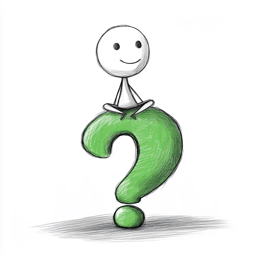 A simple stick figure, smiling serenely, sits cross-legged atop a large, green question mark.  The question mark is drawn with a textured, sketchy style, giving it a hand-drawn feel. The overall image is whimsical and suggests contemplation or curiosity. The background is plain white, allowing the figures to stand out clearly.