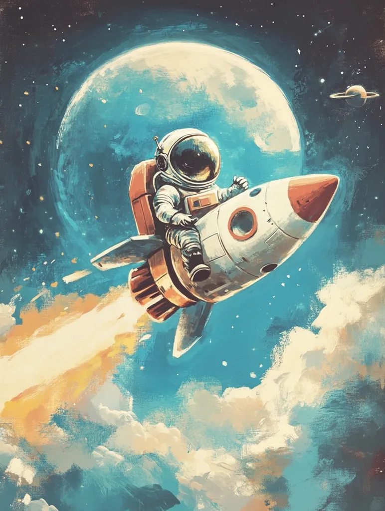 A whimsical illustration depicts a miniature astronaut piloting a retro-styled rocket through a vibrant cosmos.  The rocket leaves a fiery trail, soaring past fluffy clouds towards a large, luminous moon.  The scene is painted in a stylized, painterly manner, evoking a sense of childlike wonder and adventure in space.  A distant planet adds depth to the breathtaking backdrop.