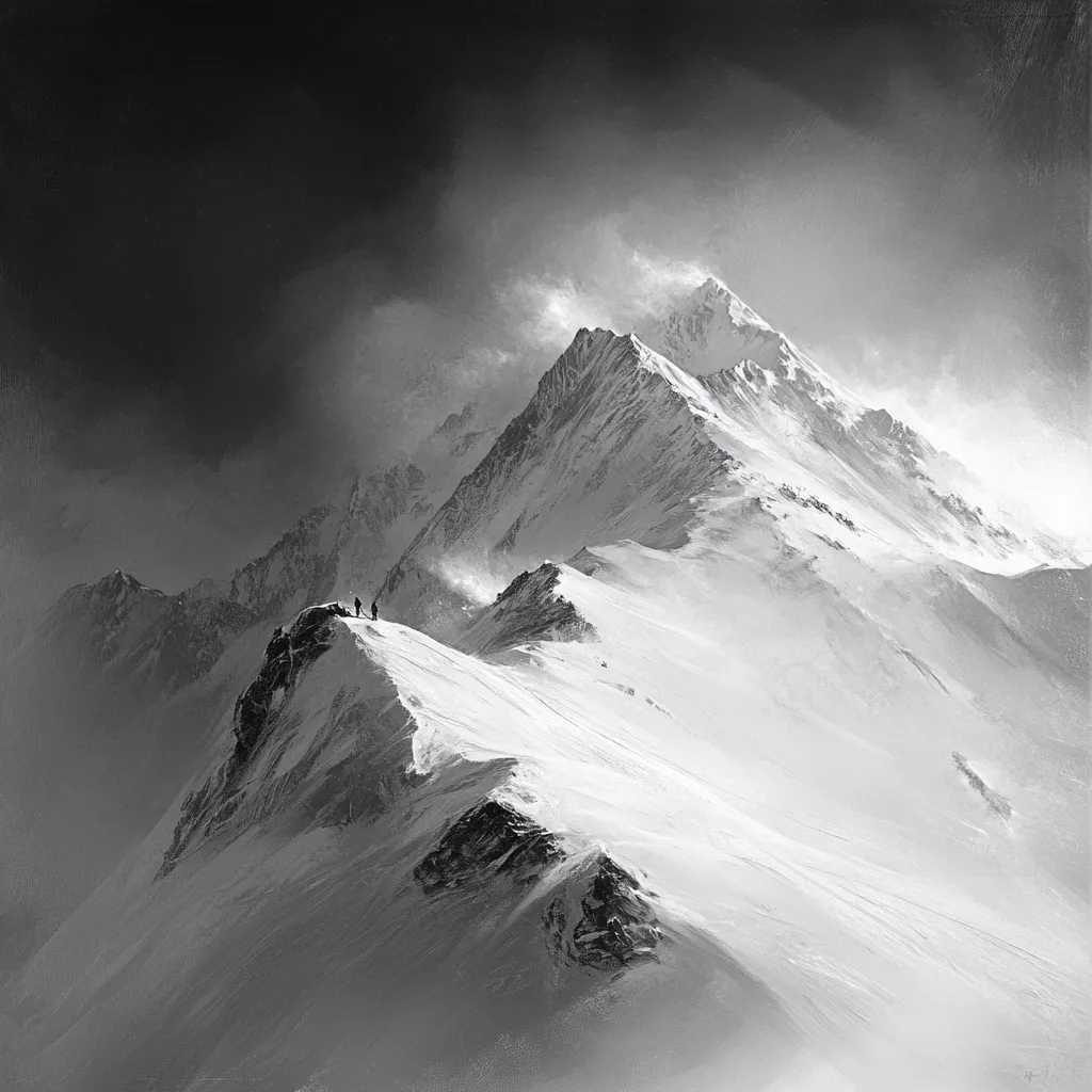 A dramatic black and white landscape photograph depicts a snow-covered mountain peak under a stormy sky.  Two tiny figures stand on a ridge, dwarfed by the immense scale of the towering, windswept mountain.  The scene conveys a sense of isolation, the harsh beauty of nature, and the human spirit's resilience in the face of formidable challenges.  Strong contrasts highlight the texture of the snow and the power of the wind.