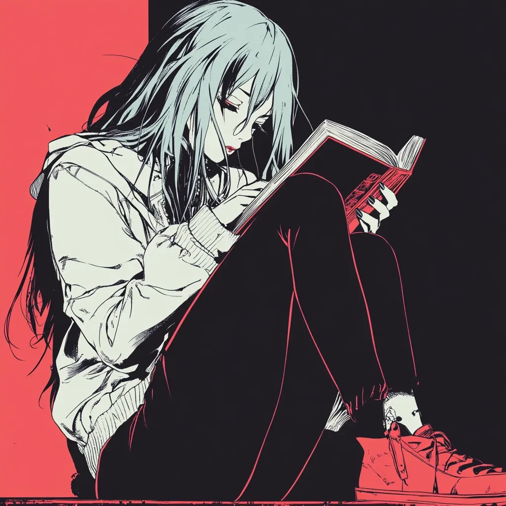 An anime-style illustration depicts a young woman with long, light blue hair engrossed in reading a book.  She's dressed in a light-colored jacket and dark pants, her legs tucked beneath her.  The art style is bold, with stark contrasts between black, red, and muted grays, creating a visually striking image. She wears red shoes and her expression is serious and focused on her reading. The background is a split red and black.