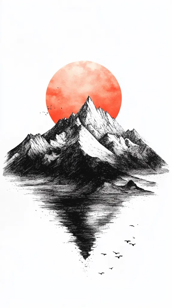 A minimalist ink drawing depicts a majestic mountain range silhouetted against a large, vibrant orange sun.  The mountains are reflected in a still body of water below, creating a mirrored image.  Small birds are scattered across the sky, adding a sense of serenity to the scene. The artwork evokes a feeling of peace and tranquility in nature.
