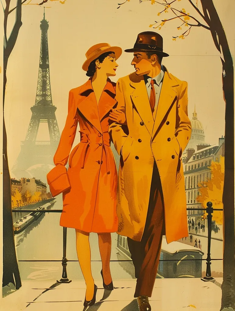 A stylish couple strolls along a Parisian quai, the Eiffel Tower a majestic backdrop.  She wears a vibrant orange coat and hat, he a mustard-yellow coat.  The scene is autumnal, with bare branches and a hint of the Seine River.  Parisian architecture, including a portion of the Invalides dome, frames their romantic promenade. The poster's vibrant colors and detailed illustrations evoke a sense of Parisian charm and romance.