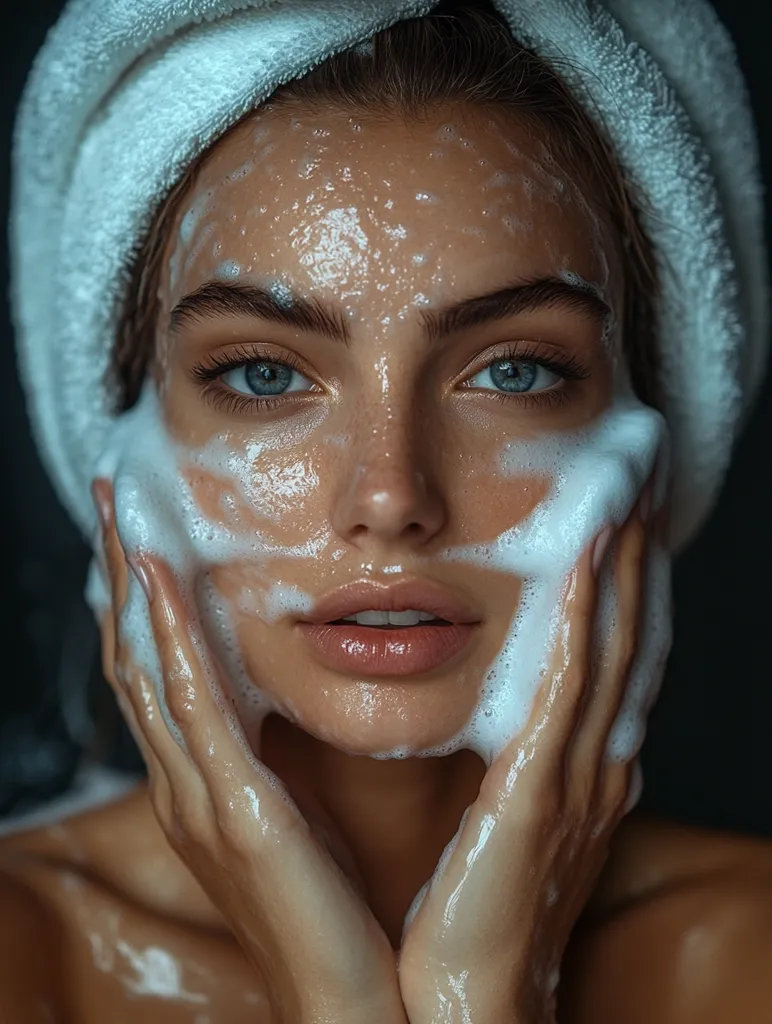 A close-up shot of a young woman with a white towel wrapped around her head, her face covered in cleansing foam.  She gently massages the foam into her skin with both hands. Her eyes are visible, and she has a serene expression. The image focuses on the texture of the foam and the woman's clear skin. The background is dark and out of focus, drawing attention to the model.