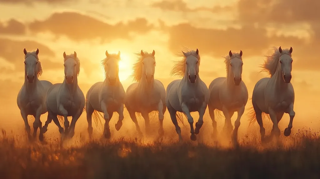 Seven majestic white horses gallop across a sun-drenched field at sunset.  Golden light bathes the scene, creating a hazy, ethereal atmosphere. The horses' manes and tails flow in the wind as they run, their movement dynamic and powerful against the warm, vibrant sky.  Dust rises from their hooves, adding to the sense of motion and freedom.