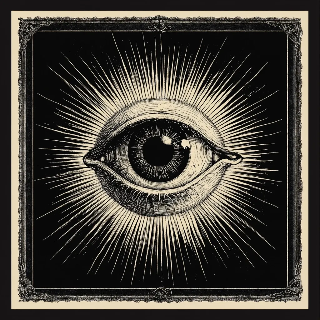A detailed, black and white illustration depicts a large eye, radiating light, reminiscent of the "Eye of Providence."  The eye is rendered in a highly stylized manner, with meticulous attention to detail in the iris, pupil, and eyelashes.  The image is framed by an ornate border, adding to its mysterious and symbolic quality.  The overall effect is one of intense scrutiny and watchful observation.