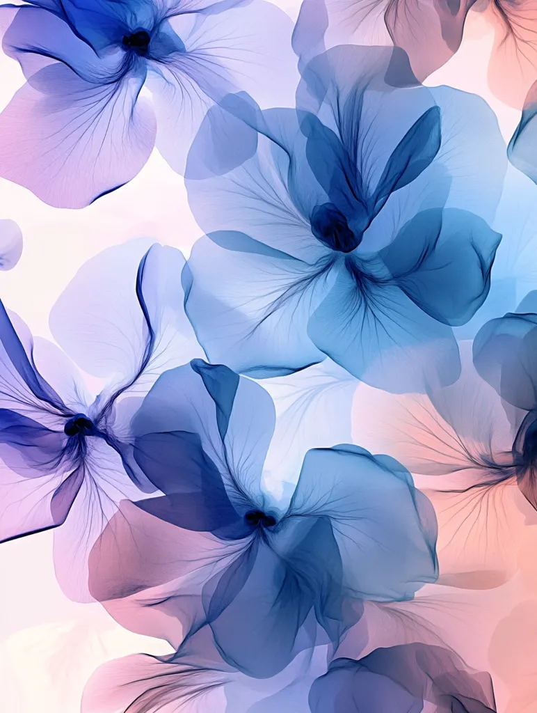 An ethereal image showcases a cluster of translucent flowers in shades of blue and lavender.  The petals overlap, creating a soft, dreamy effect.  The color palette is gentle and calming, with subtle variations in hue and tone. The flowers appear to be delicately layered, their forms almost watercolor-like in their softness and transparency.  The background is a pale, almost white, suggesting a lightness and airiness.