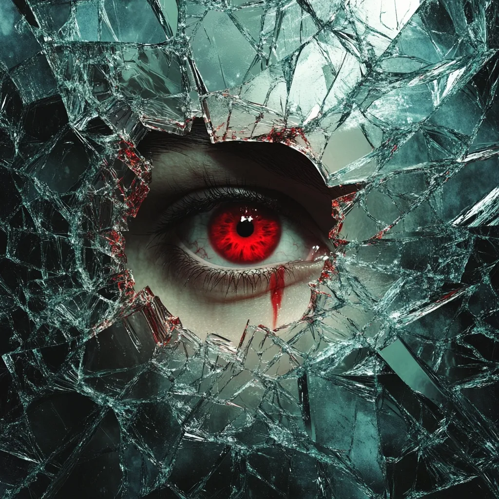 A single, bloodshot red eye peers through a shattered pane of glass, a trickle of blood tracing a path down the cheek.  The fragmented glass creates a jagged frame around the eye, enhancing the sinister and unsettling atmosphere.  The image is dark and moody, with a strong contrast between the bright red eye and the dark, shadowy background. The overall effect is disturbing and intensely visual.
