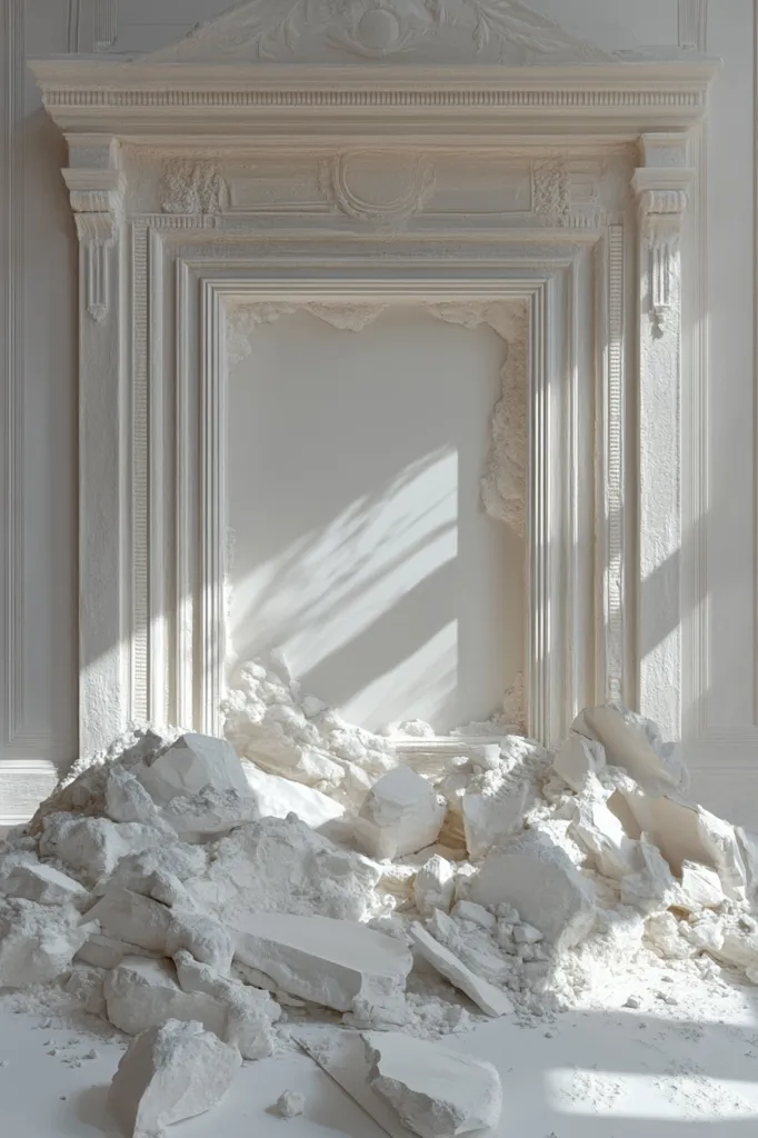 A pile of white rubble rests before an ornate, white fireplace mantel.  The mantel’s intricate detailing contrasts sharply with the rough, broken fragments surrounding it. Sunlight streams in, casting shadows on the scene, emphasizing the texture and contrast between the delicate architecture and the chaotic destruction.  The overall image is a study in stark contrasts—order and disorder, fragility and strength.