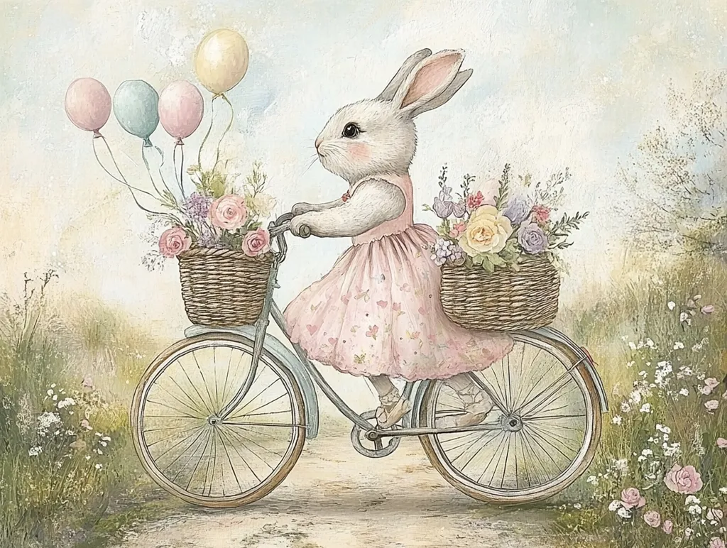 A charming illustration depicts a white rabbit in a pink dress riding a vintage bicycle.  Pastel-colored balloons float behind the rabbit, and two wicker baskets overflowing with wildflowers adorn the bicycle's handlebars. The scene is set in a soft, idyllic landscape with muted greens and blossoming flowers. The overall style is whimsical and romantic.