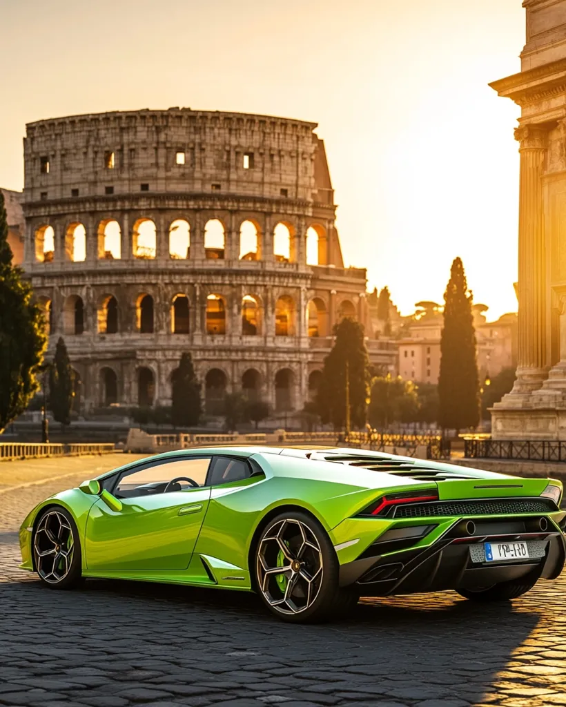 A vibrant lime green Lamborghini Huracán Evo stands majestically before the Colosseum in Rome, Italy.  The setting sun casts a warm glow on the ancient Roman amphitheater, creating a stunning contrast with the sleek, modern lines of the supercar. The cobblestone street adds texture to the scene, enhancing the juxtaposition of old and new.
