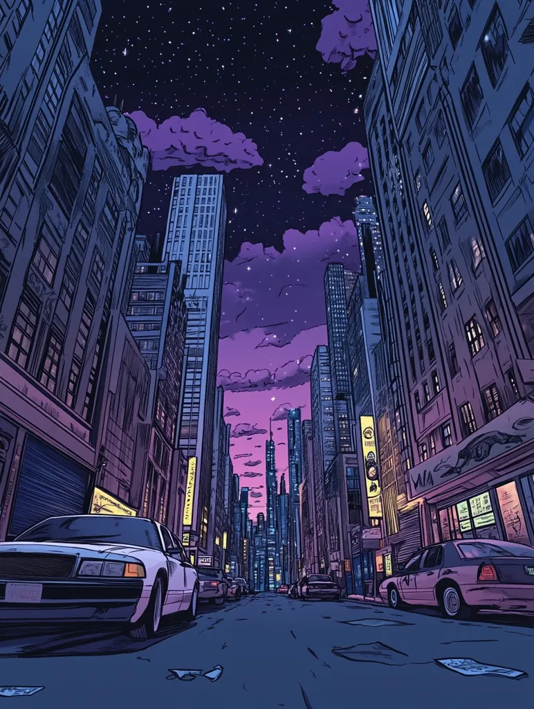 A vibrant illustration depicts a city street at night under a purple and starry sky. Tall buildings line both sides of the road, with cars parked and driving along. The style is reminiscent of comic books or graphic novels, with bold outlines and saturated colors.  A sense of calm yet urban energy pervades the scene.