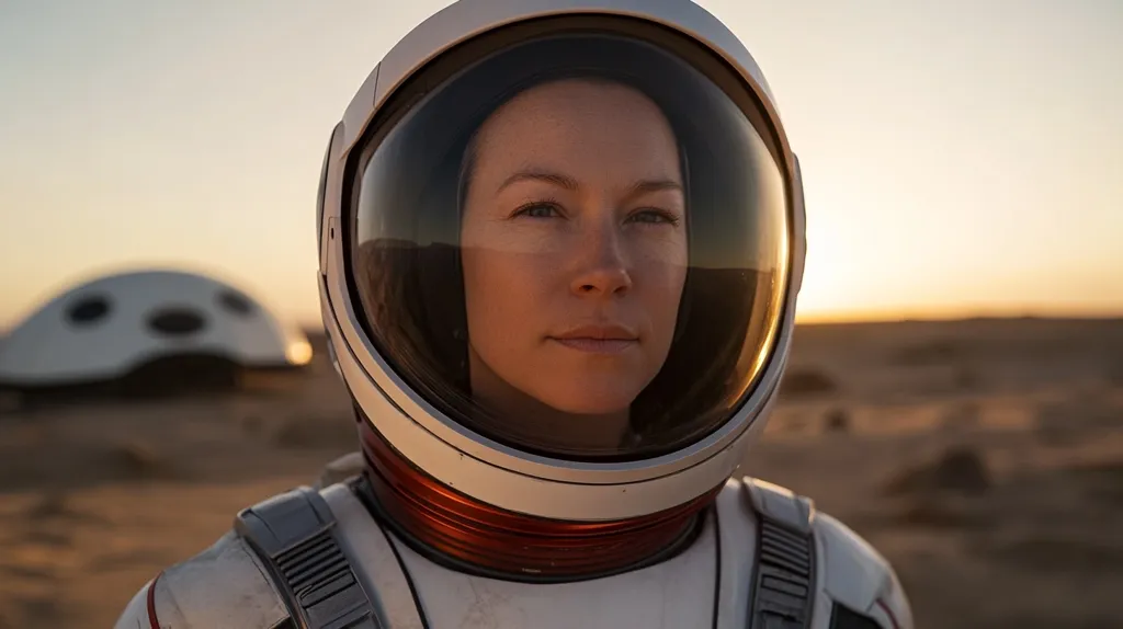 A female astronaut, her face partially visible within a white helmet, stands on a desolate, reddish-brown landscape.  A futuristic, dome-shaped structure is blurred in the background, suggesting a Martian or extraterrestrial setting. The warm light of a setting sun casts a golden hue across the scene. The overall impression is one of solitude and exploration.