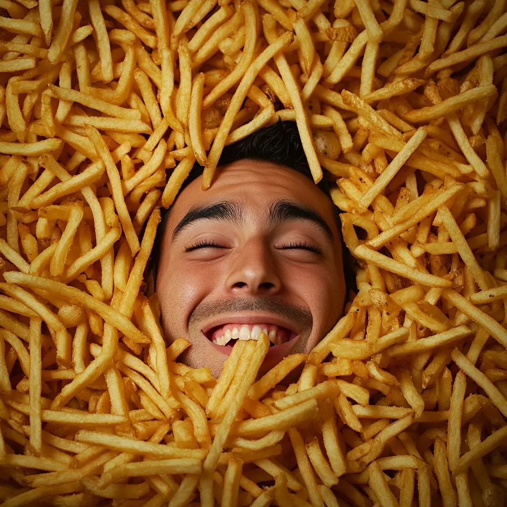 A man's head is submerged in a large pile of golden-brown french fries.  His eyes are closed, and he has a joyful expression, a fry protruding from his mouth.  The image is a humorous depiction of indulgence and a love for fried potatoes.  The fries completely surround his head, creating a visually striking and appetizing scene.