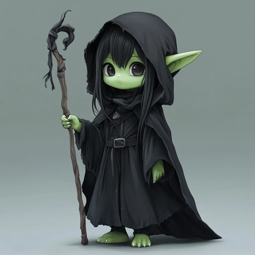 A digital painting of a cute, chibi-style green-skinned elf girl. She wears a long, dark cloak with a hood, and holds a gnarled wooden staff. Her large eyes and small features contribute to her adorable appearance.  The elf's attire and staff suggest a magical or mystical role. The overall style is reminiscent of fantasy character art.